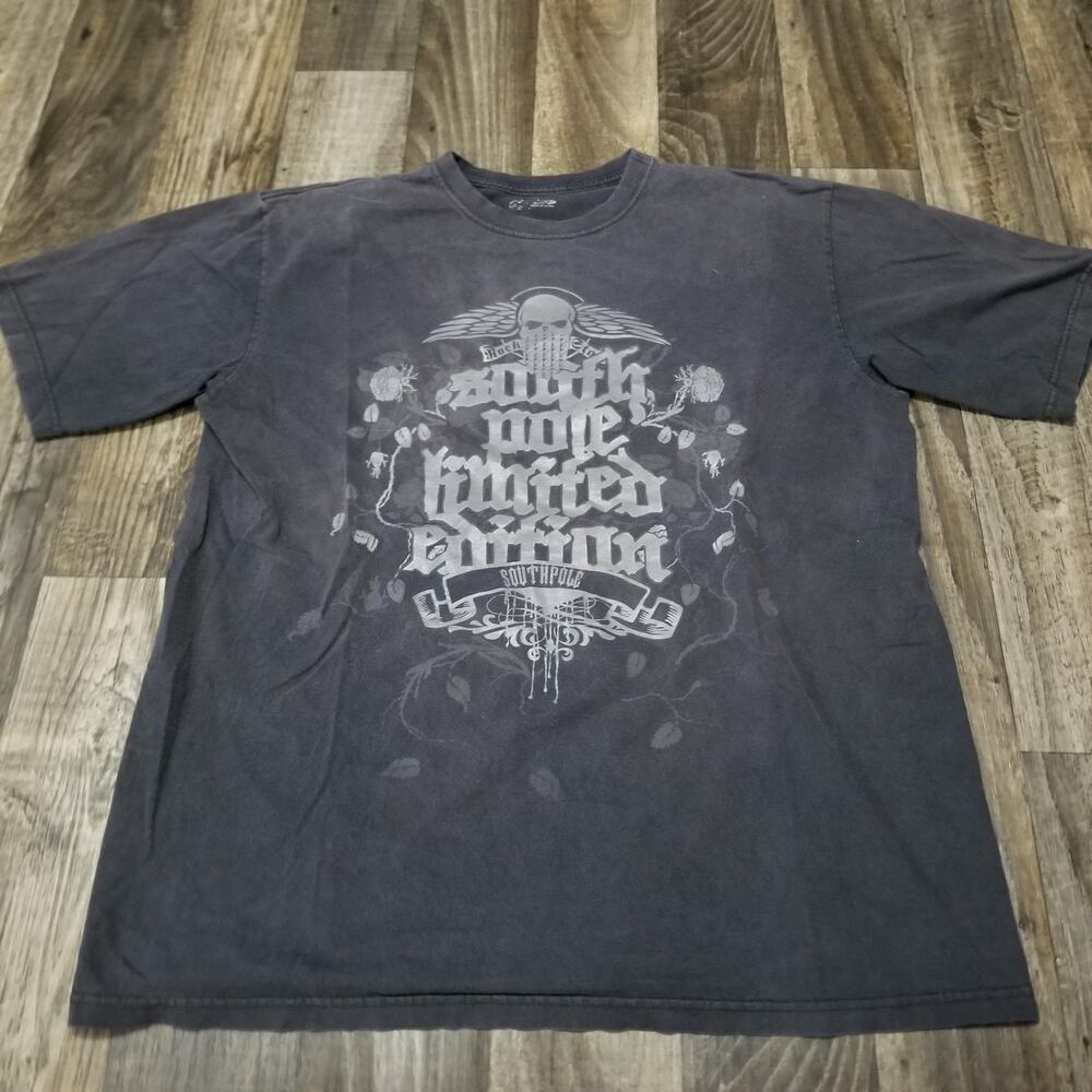 Vintage SouthPole Y2K T Shirt Black Grunge‎ Skull Goth Big Logo Mens Size XL